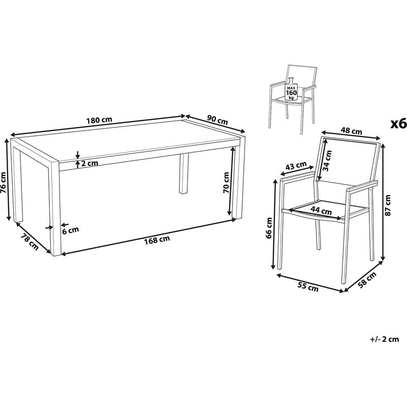 Set da giardino in vetro temperato nero 180 cm 6 sedie tessuto nero  Grosseto