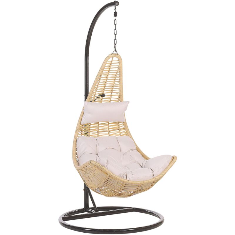 Sedia a Dondolo Sospesa in Rattan PE Beige in Stile Boho Rustico Atri