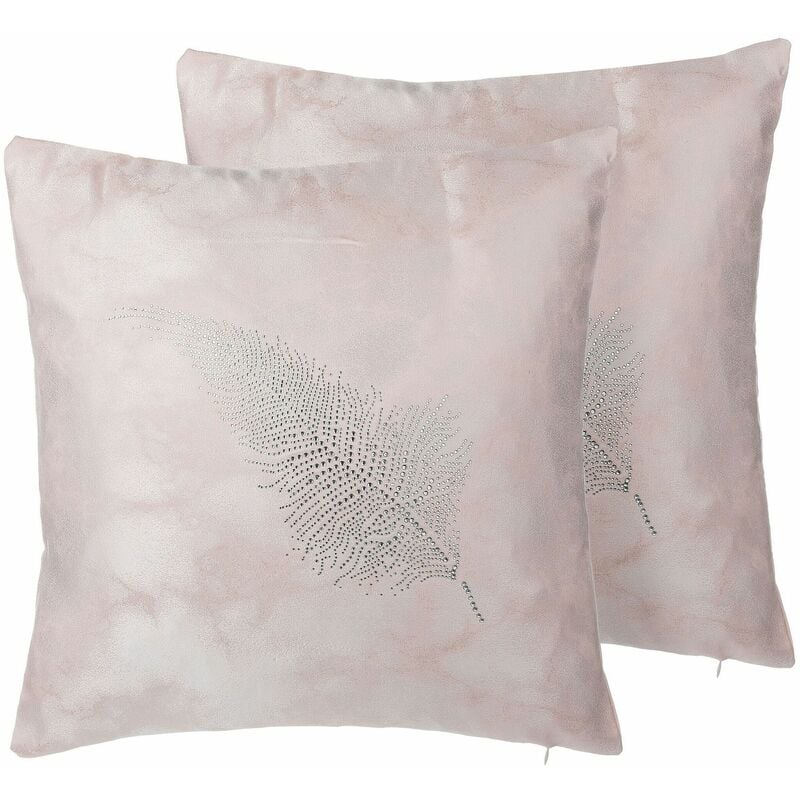 Set di 2 cuscini Decorativi Applique Piuma Rosa Delicata 45 x 45 cm Silene