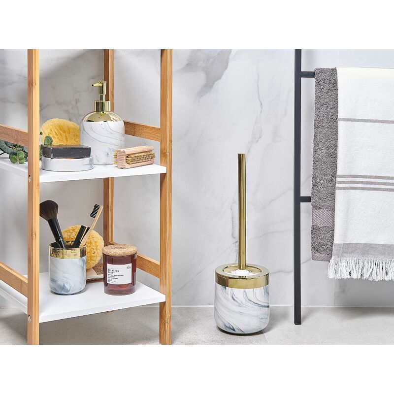 Set Accessori da Bagno Bicchiere Porta Scopino in Ceramica Bianca e Oro  Huncal