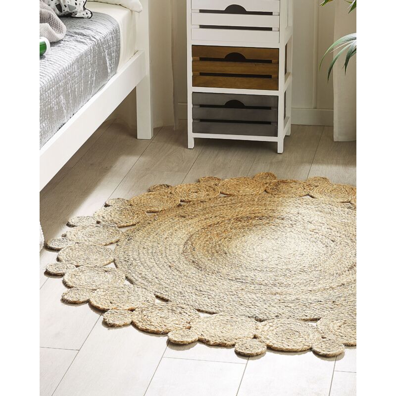 Tappeto Rotondo in Iuta Intrecciata Beige 120 cm Soggiorno Boho Rustico  Golden