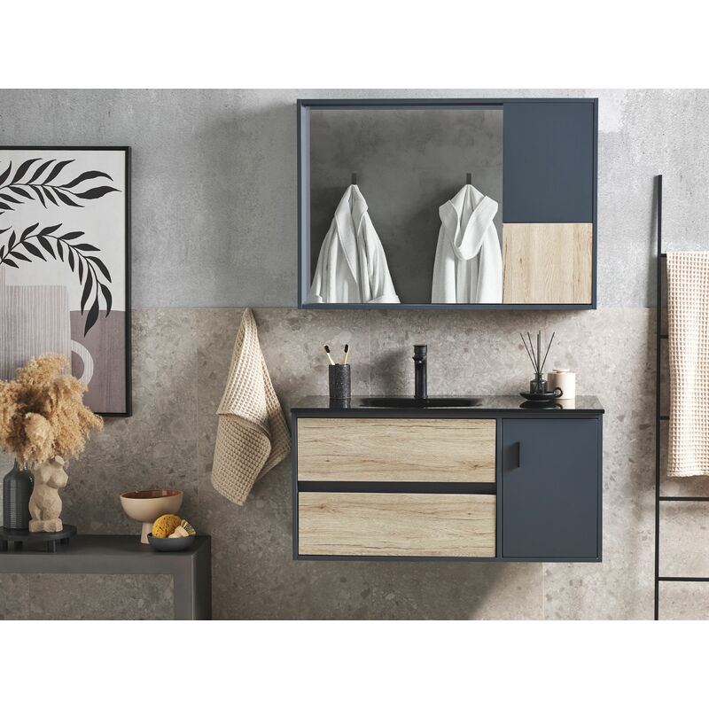 Mobile da bagno con specchio grigio MDF legno chiaro 100 cm lavabo in  ceramica armadio a muro Teruel