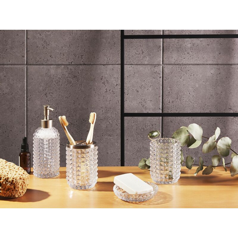 Set di accessori da bagno in 4 pezzi Dispenser di sapone in vetro verde  Glam Portasapone Portaspazzolino Tazza Beliani