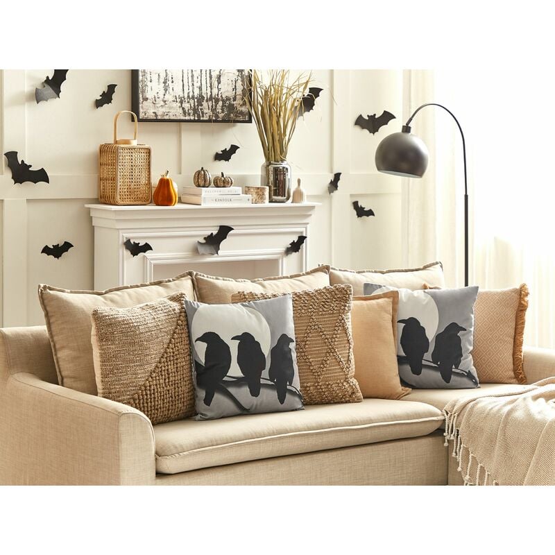 Cuscino decorativo moderno in velluto con motivo a corvi 45 x 45 cm grigio  Oradea