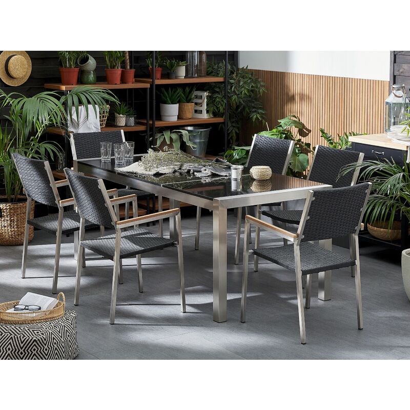 Set di tavolo e sedie da giardino in acciaio granito e rattan 180