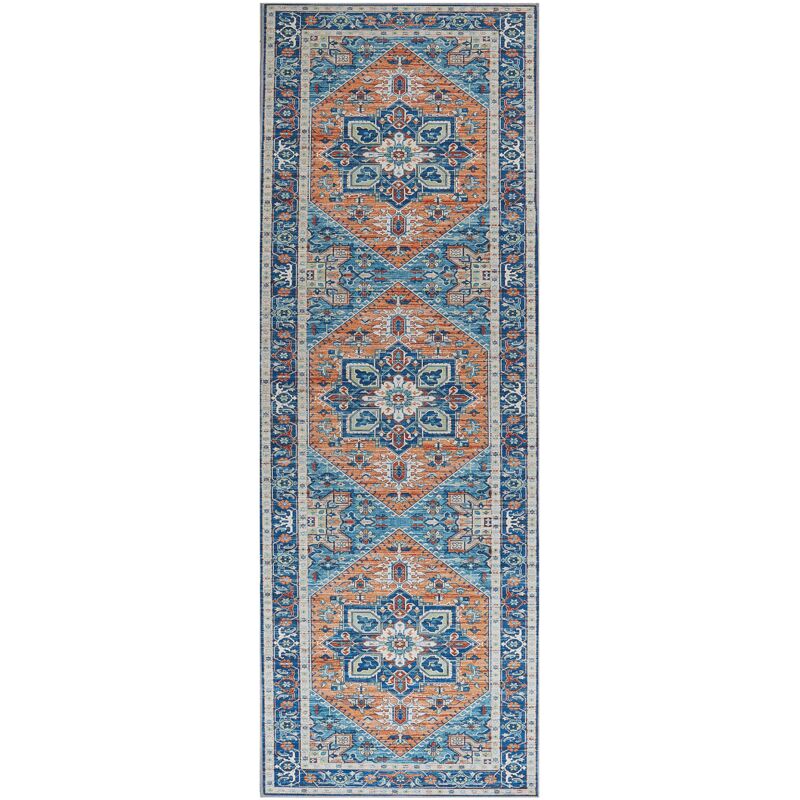 Tappeto corridoio motivo orientale 70 x 200 cm blu e arancio Ritapuram