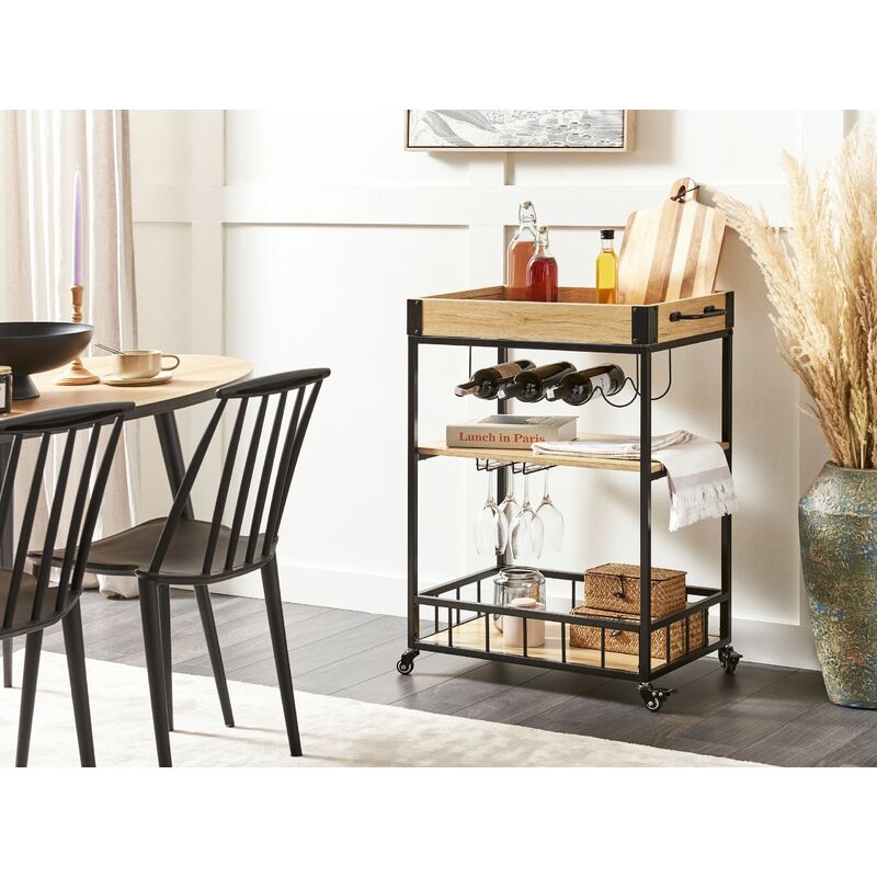 HOMCOM Carrello da Cucina con Ruote Cassetti e Portabottiglie in Legno Nero  74x37x76cm