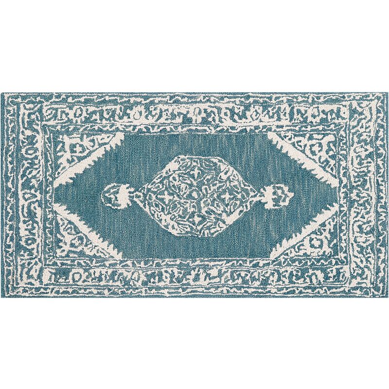 Tappeto lana motivo orientale 200x200 cm salotto bianco blu Ahmetli