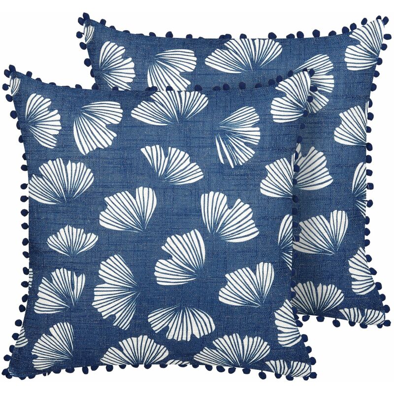 Set di 2 cuscini decorativi motivo decorativo foglie e nappe pompon blu  Dandelion