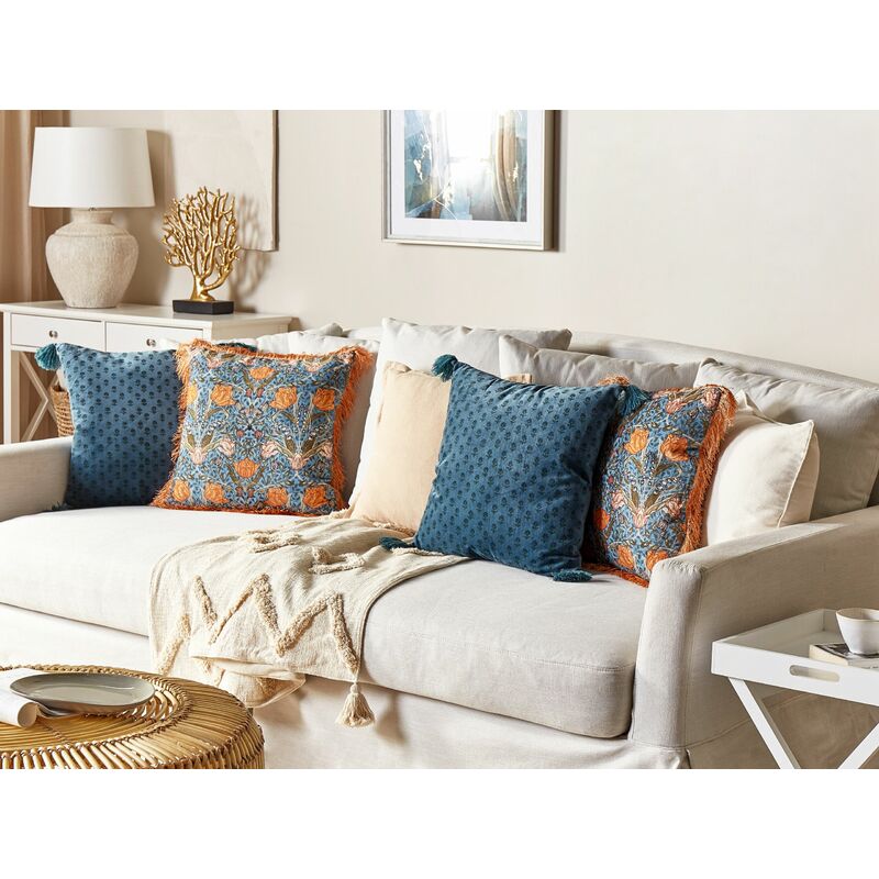 Set di 2 cuscini decorativi cotone motivo floreale 45x45 cm blu arancio  Mitella