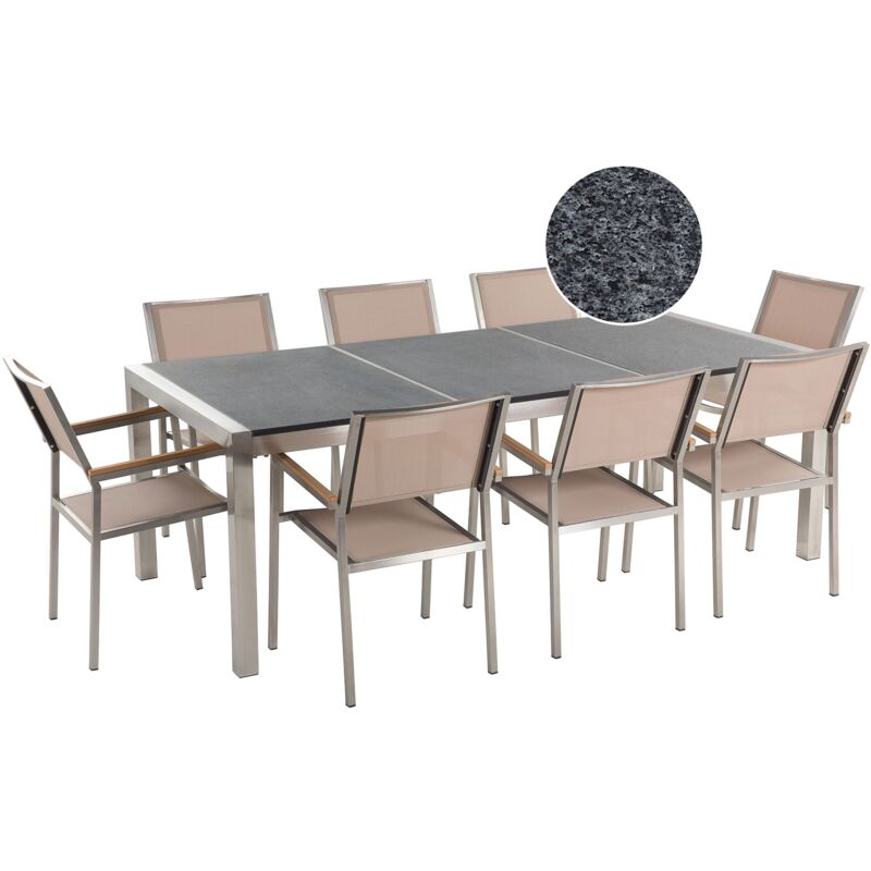 Set di tavolo e 6 sedie da giardino in acciaio granito e fibra tessile  beige grigio lucido 180 cm GROSSETO 