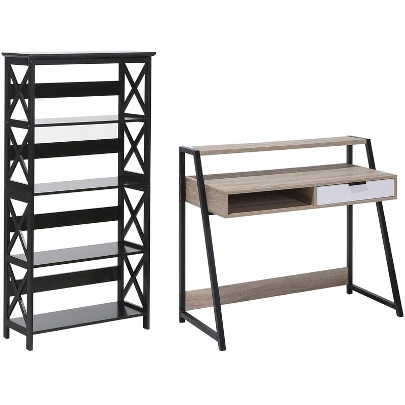 Set di mobili per ufficio scrivania libreria legno chiaro e nero Foster