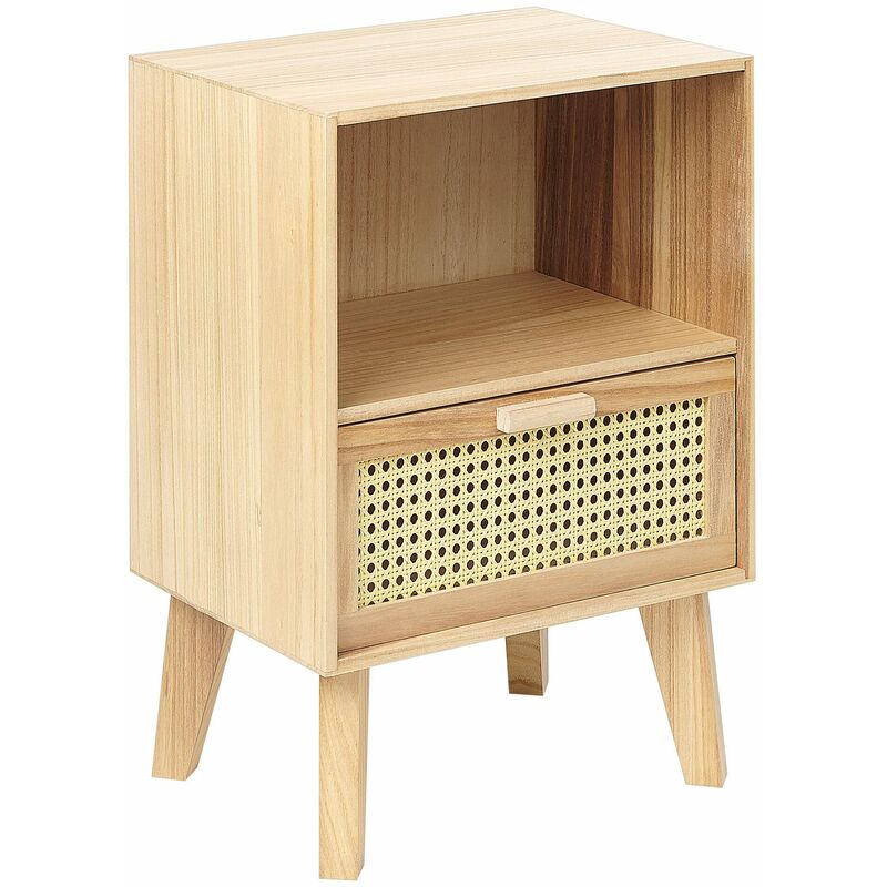 Comodino 1 cassetto con ripiano rattan e legno chiaro 40 x 30 cm