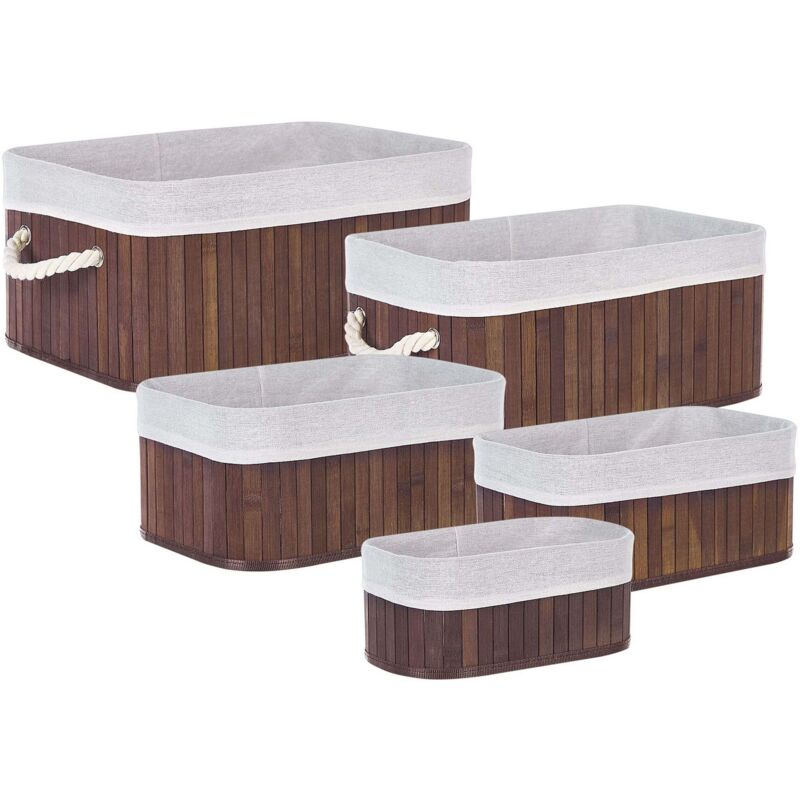 Cestino Portarifiuti 30 Litri Five - Bianco Metallo Con Coperchio In Bambù Naturale, Moderno