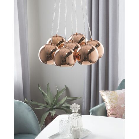 Lampadario a 7 Luci in Metallo Ramato con Paralumi Sferici Minimalista Olza