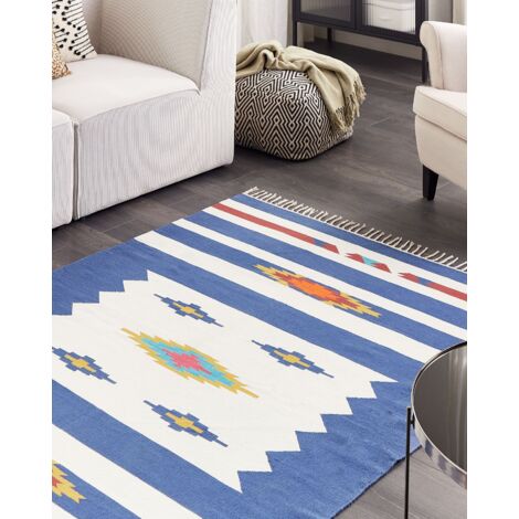 Tappeto Kilim in cotone tessuto a mano 140 x 200 cm reversibile con motivi  geometrici e