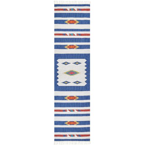 Tappeto Kilim in cotone tessuto a mano 80 x 300 cm reversibile con motivi geometrici e frange multicolore Varser