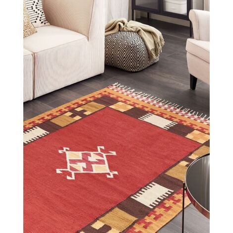 Tappeto Kilim in cotone tessuto a mano reversibile con motivo geometrico e  nappe multicolore 140 x