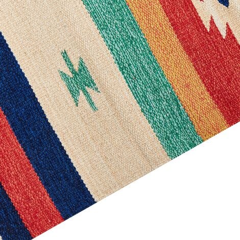 Tappeto Kilim fatto a mano in cotone a motivi geometrici reversibili con  frange 200 x 300