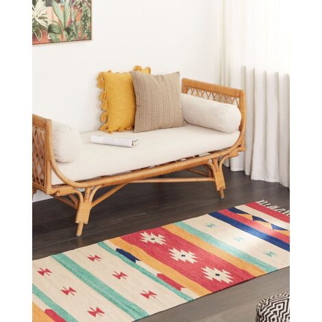 Tappeto Kilim fatto a mano in cotone a motivi geometrici reversibili con  frange 80 x 300