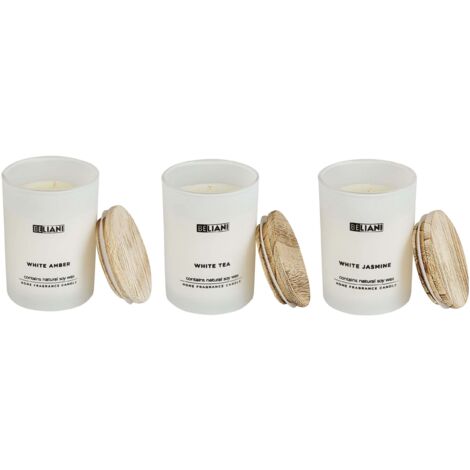 Set di 3 candele profumate 100% cera di soia Stoppino di cotone Vetro bianco Fragranza ambra bianca/tè bianco/gelsomino bianco Vetro classico (1/5)