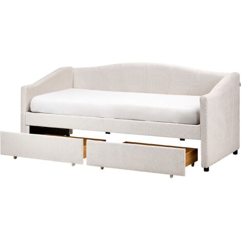 Letto da giorno moderno EU misura singola Tappezzeria in poliestere Telaio a doghe Legno di eucalipto Cassetti in compensato Beige chiaro Vittel (1/5)
