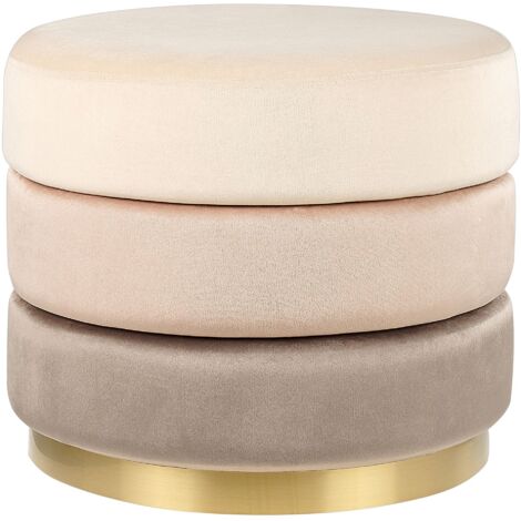 Pouf in tessuto di velluto di colore beige rotondo con base in oro Louin