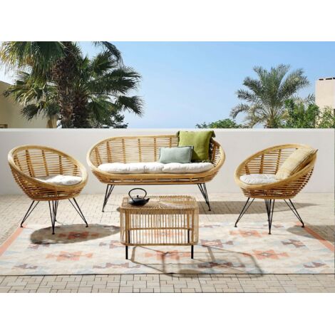 Set divano posti Rattan Beige chiaro Cuscino in tessuto di