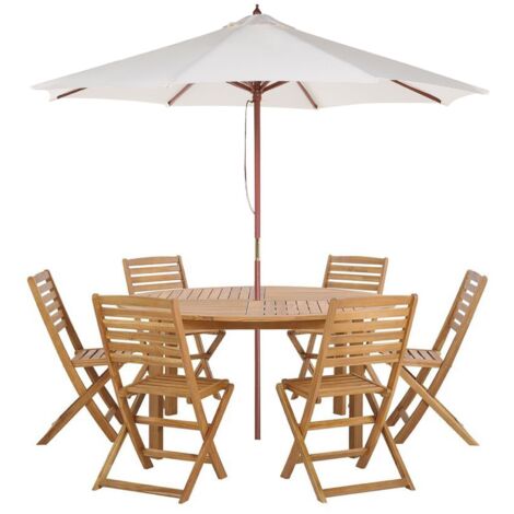 Set di tavolo e 6 sedie da giardino pieghevole con ombrellone acacia chiaro Tolve (1/5)