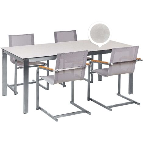 Set da giardino con 4 posti in acciaio inox con tavolo piano in vetro e Sedie in tessuto bianco Cosoleto (1/5)