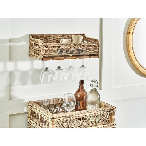 Mensola da parete in rattan metallo teak legno con porta bicchieri