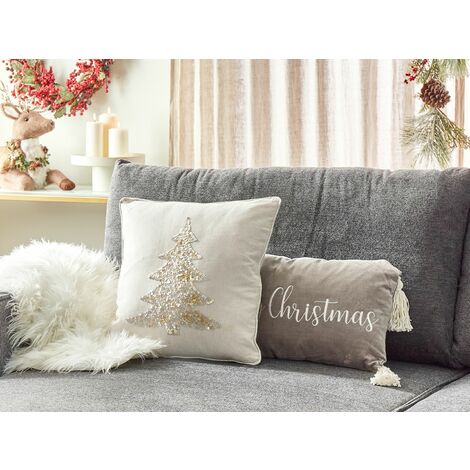 Cuscino decorativo con albero di Natale 45 x 45 cm Cotone sfoderabile  Imbottitura in poliestere Beige