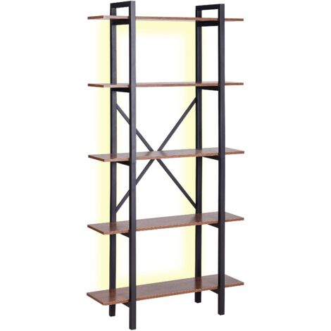 Furologee Libreria A 5 Ripiani Con Luci LED E Schienale - Stretta E Alta 140 Cm, In Metallo E Legno Bianco, Angolare