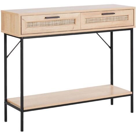 Tavolo Consolle Farmhouse Con Cassetti In Rattan - Mobile Multiuso Per Ingresso O Soggiorno, Struttura In Metallo