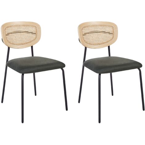 Set di 2 Sedie da pranzo moderne Sgabelli con schienale in rattan a treccia viennese Seduta in poliestere senza braccioli Gambe nere Verde Scuro Mayetta (1/5)