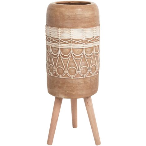D'vine Dev Fioriera In Ceramica Con Supporto In Legno - Moderna, Rotonda, Bianca, Diametro 25,4 Cm, Con Sottovaso