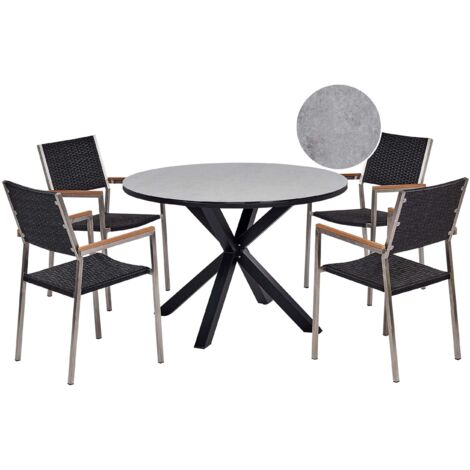 Set da pranzo da giardino a 4 posti Mobili da esterno Tavolo in alluminio Piano in vetro Sedie in rattan PE Telaio in acciaio inox Grigio e nero Maletto/Grosseto (1/5)
