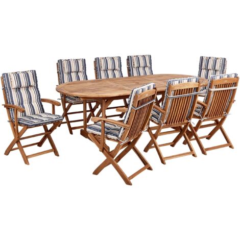 Set da pranzo da giardino a 8 posti Tavolo ovale Acacia Sedie pieghevoli Cuscini a strisce blu Maui II (1/5)
