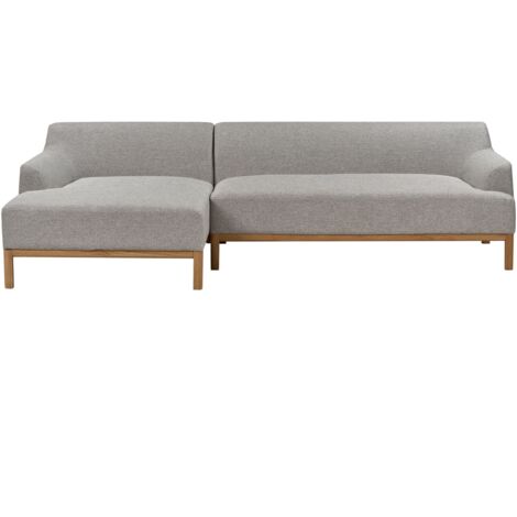 Divano Angolare In Tessuto Grigio Chesterfield - 6 Posti, Chaise Lunga A Destra, Gambe In Legno Scuro, Cuscini Imbottiti E Rivestiti, 280 Cm
