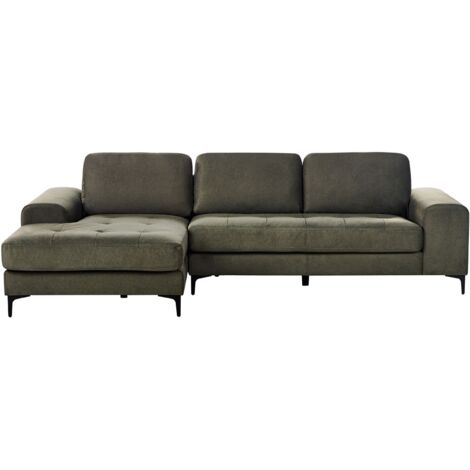 Divano Angolare In Tessuto Grigio Chesterfield - 6 Posti, Chaise Lunga A Destra, Gambe In Legno Scuro, Cuscini Imbottiti E Rivestiti, 280 Cm