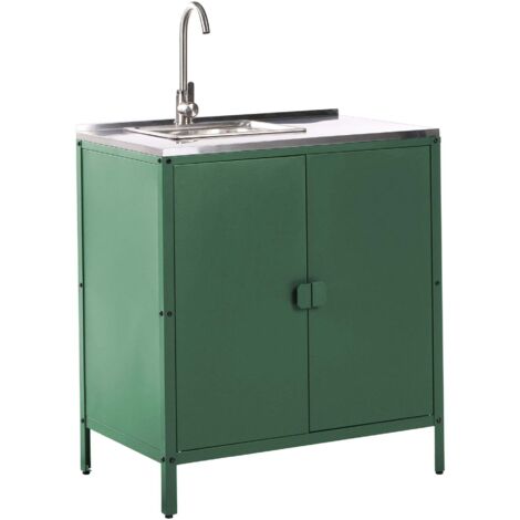 Mobiletto da giardino in acciaio con lavello e 2 ante ripiano in acciaio inox verde Vilama