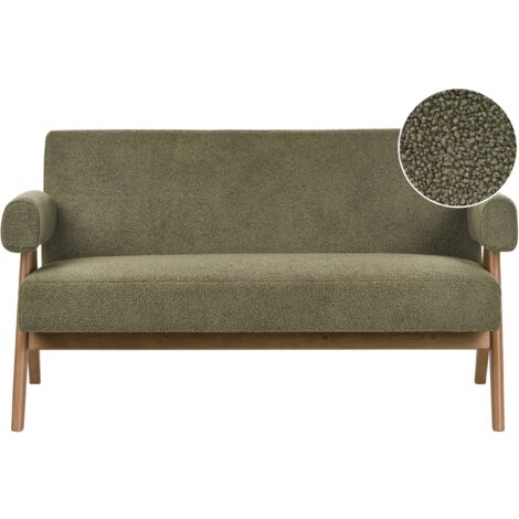 Divano 2 posti Retro Soggiorno Boucle Tappezzeria Gambe in legno Verde e Marrone Scuro Tamre