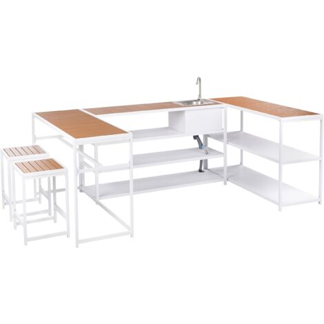 Set cucina da esterno con lavello 6 elementi acciaio bianco con tavolo bar a 2 posti Avetrana