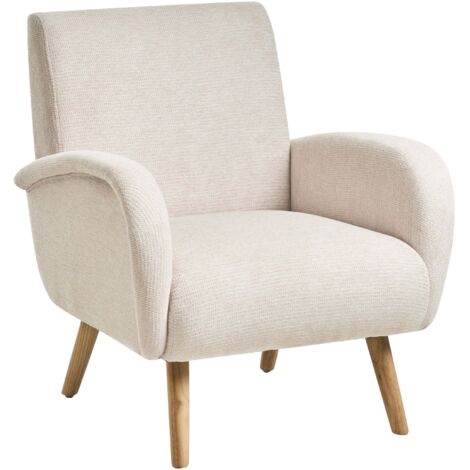 Poltrona in tessuto idrorepellente beige chiaro e gambe in legno di gomma con braccioli Plassen (1/5)