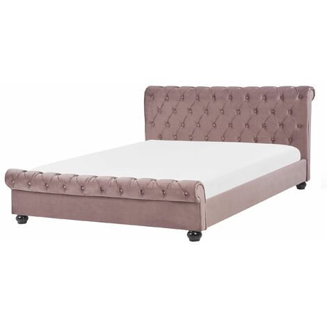 Letto Imbottito in Velluto Rosa Rete a Doghe Gambe Nere 140 x 200 cm Avallon