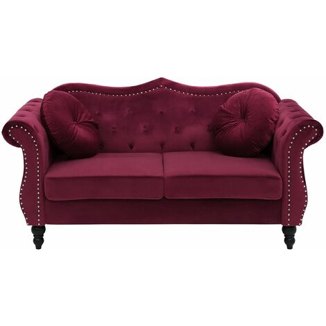 Divano in Velluto Rosso 2 posti con Cuscini Stile Chesterfield Retrò Skien