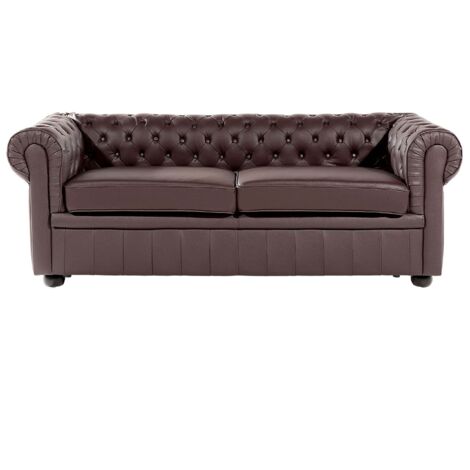 Divano vintage a 3 posti in pelle marrone Chesterfield