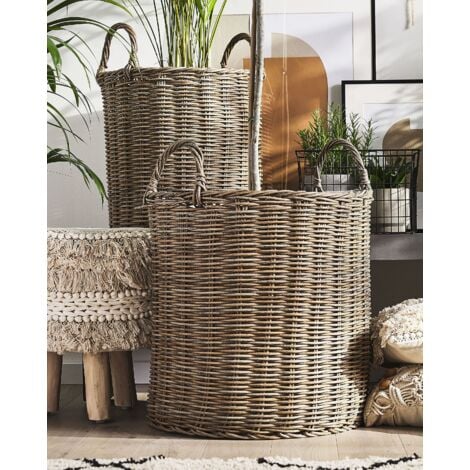 Set di 2 Cestini per Piante Rotondi in Rattan Beige Sabbia con Manici Bitola