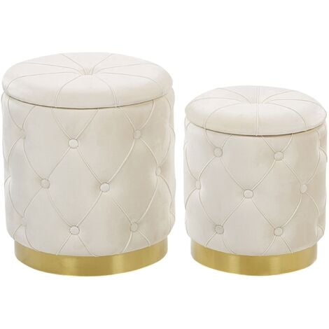 Set di 2 Pouf Contenitore Poliestere Bianchi Imbottitura Trapuntata Base Oro Pueblo