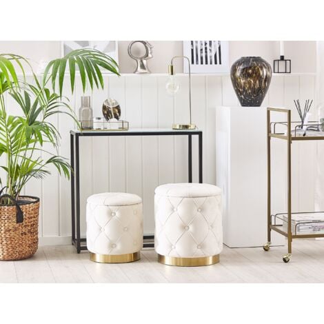 Set di 2 Pouf Contenitore Poliestere Bianchi Imbottitura Trapuntata Base Oro Pueblo